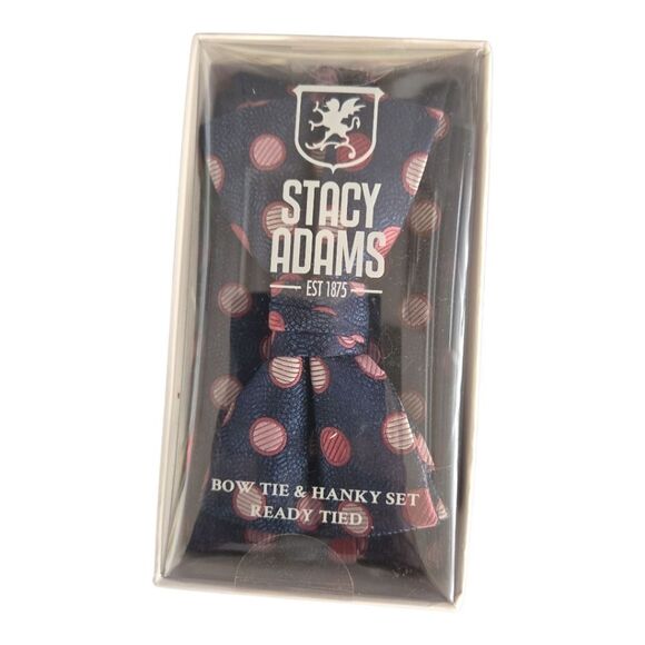 STACY ADAMS NAVY BURGUNDY POLKA DOT FASHION BOXED BOW TIE & POCKET SQUARE SET. - Picture 5 of 6